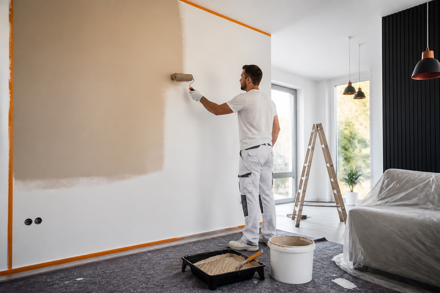 Maler arbeitet an einer frisch vorbereiteten Innenwand