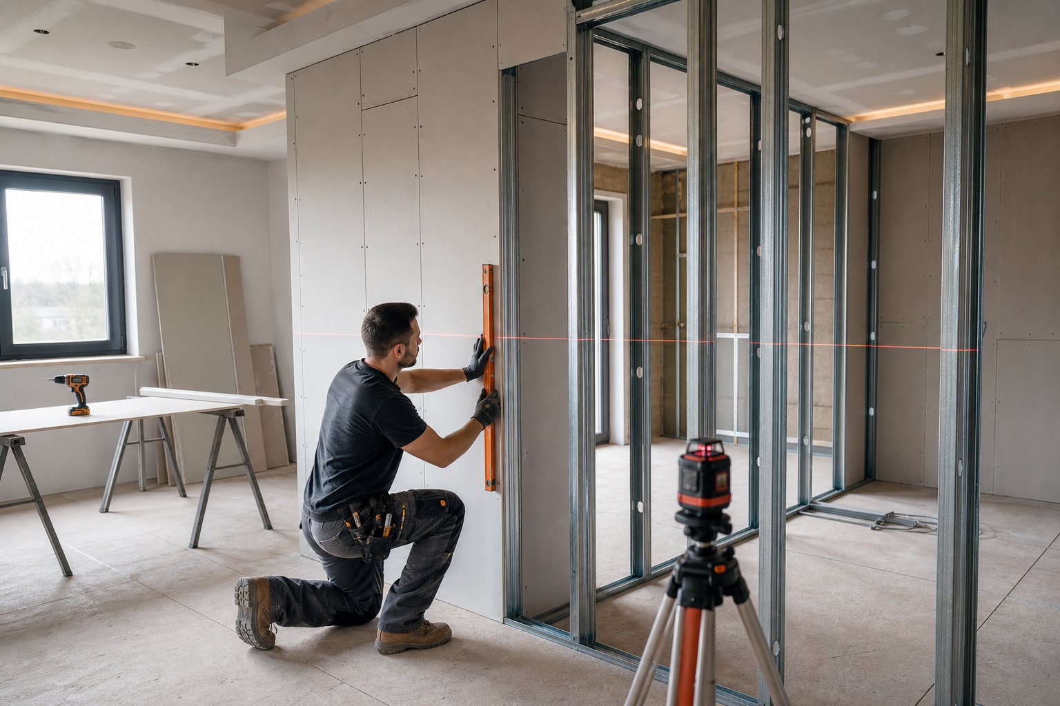 Trockenbauwand mit Metallständerwerk und Laserlinie
